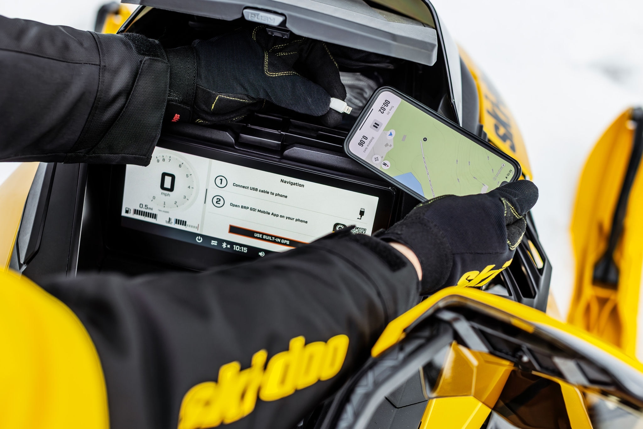 BRO GO! mobile app connected to Ski-Doo Backcountry X-RS snowmobile