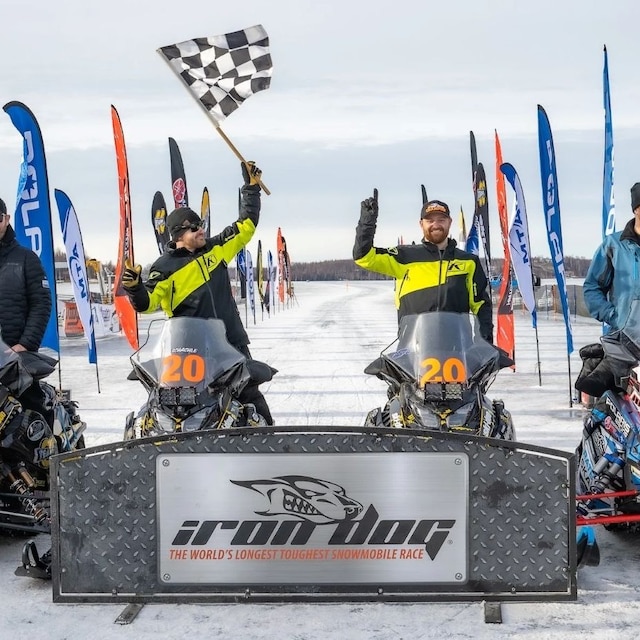 Iron dog race winners on their Ski-Doo snowmobiles