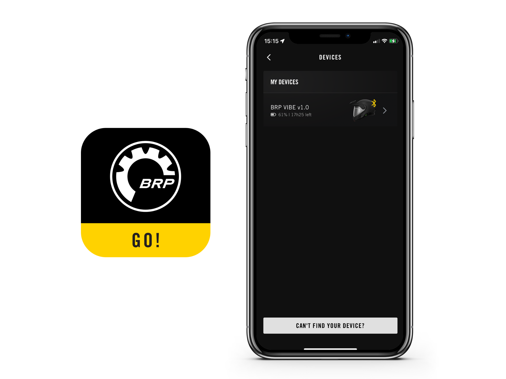 The BRP GO! app showing the Devices screen for Vibe communication system