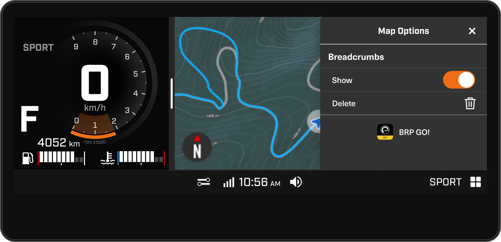 Ski-Doo built-in GPS map options displayed on the 10.25-inch touchscreen.