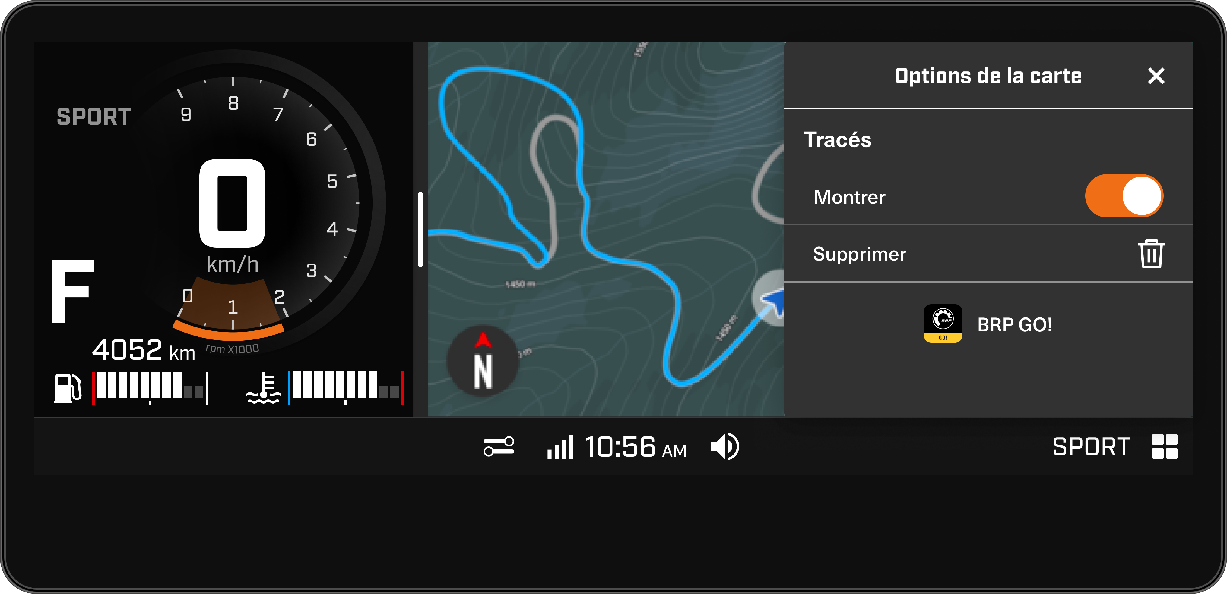 Options de cartes affichées sur l'écran tactile de 10,25 pouces du GPS intégré Ski-Doo.