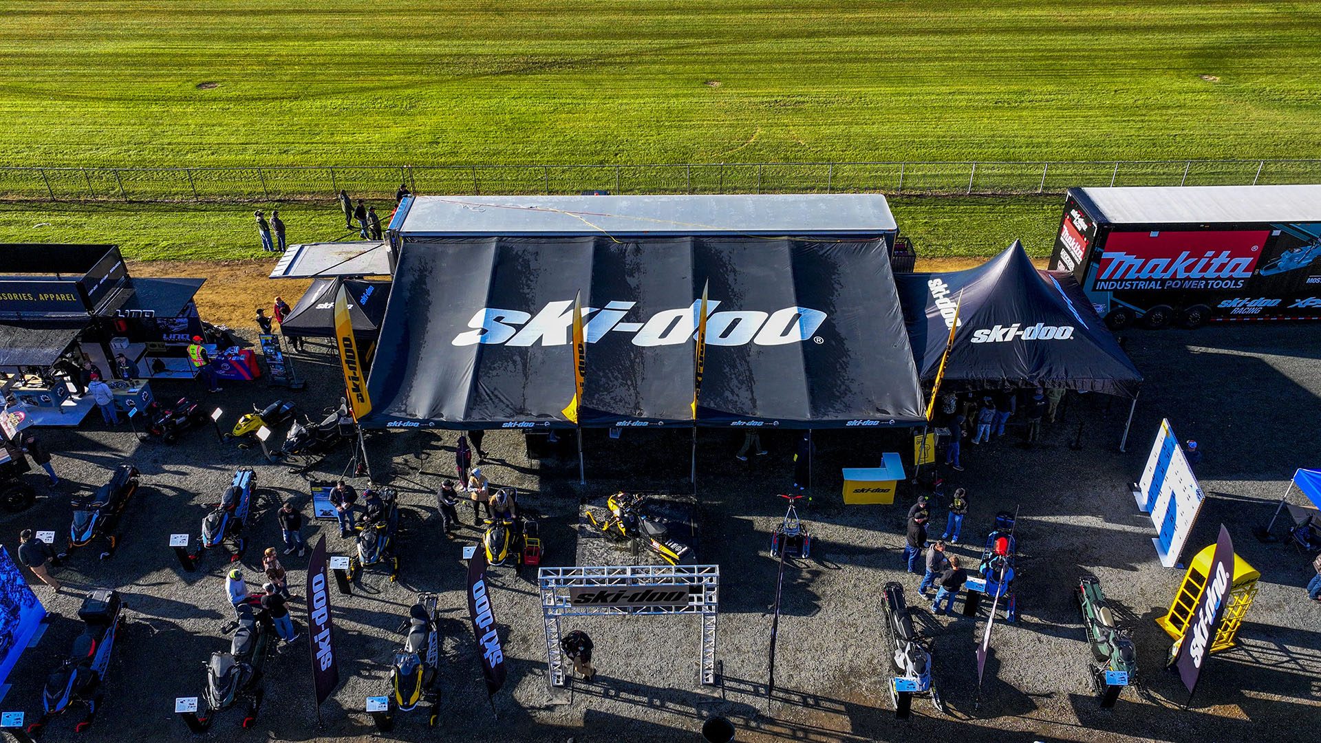 Ski-Doo snowmobiles displayed at their booth during the Hay Days event