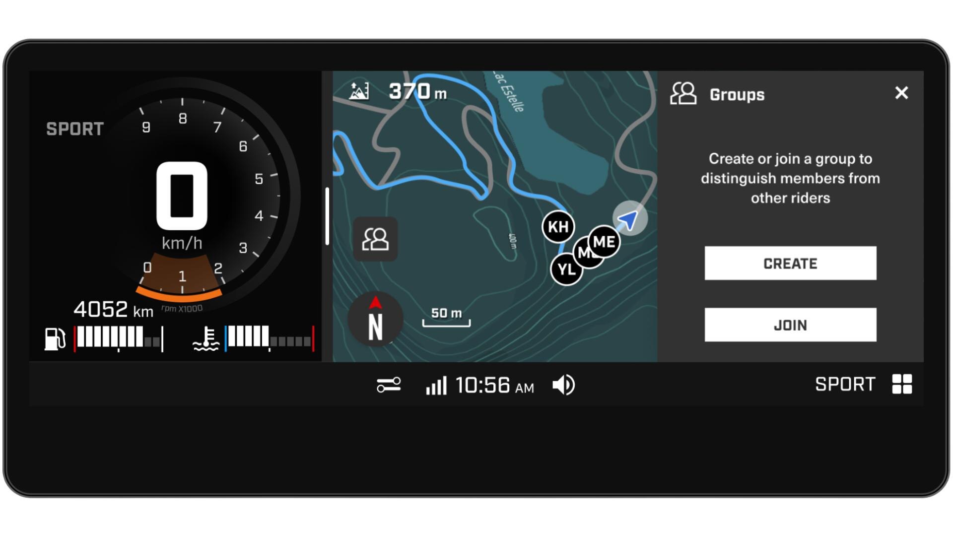 Ski-Doo built-in GPS map options displayed on the 10.25-inch touchscreen.