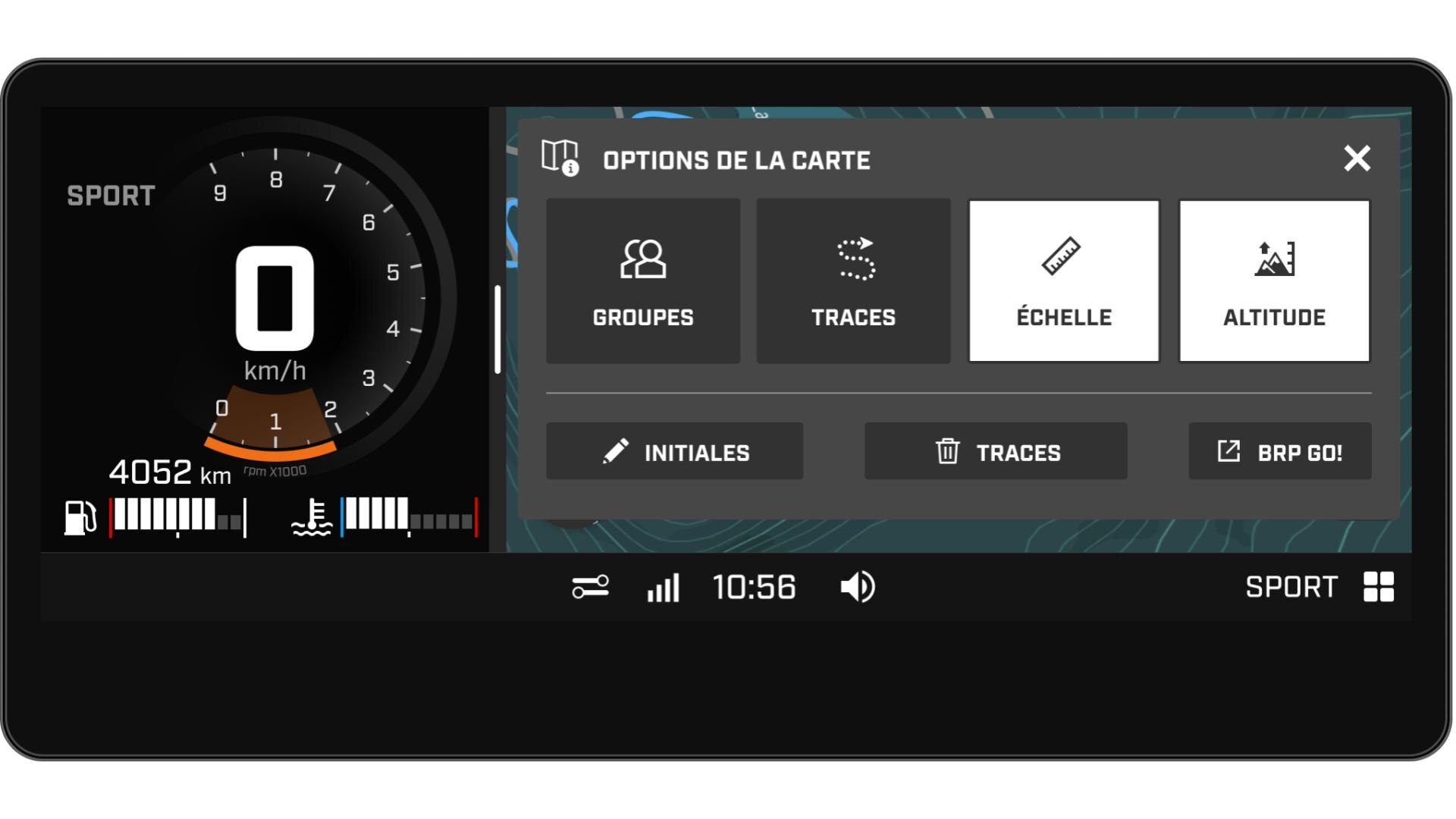Options de cartes affichées sur l'écran tactile de 10,25 pouces du GPS intégré Ski-Doo.