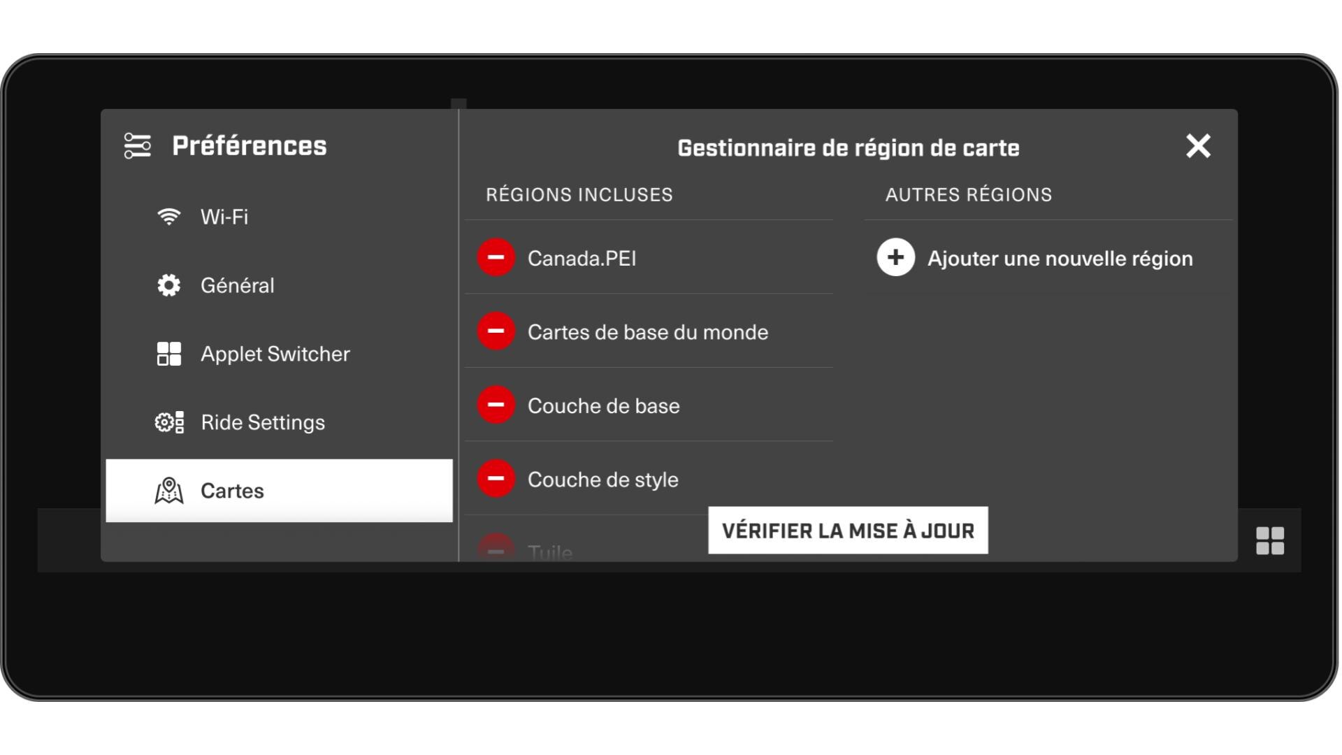 Menu de téléchargement des cartes du GPS intégré Ski-Doo.