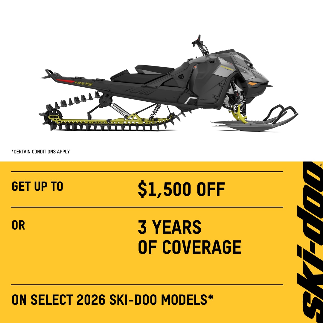 Get $1,500 off or 3 years of coverage on select 2026 Deep Snow Ski-Doo models