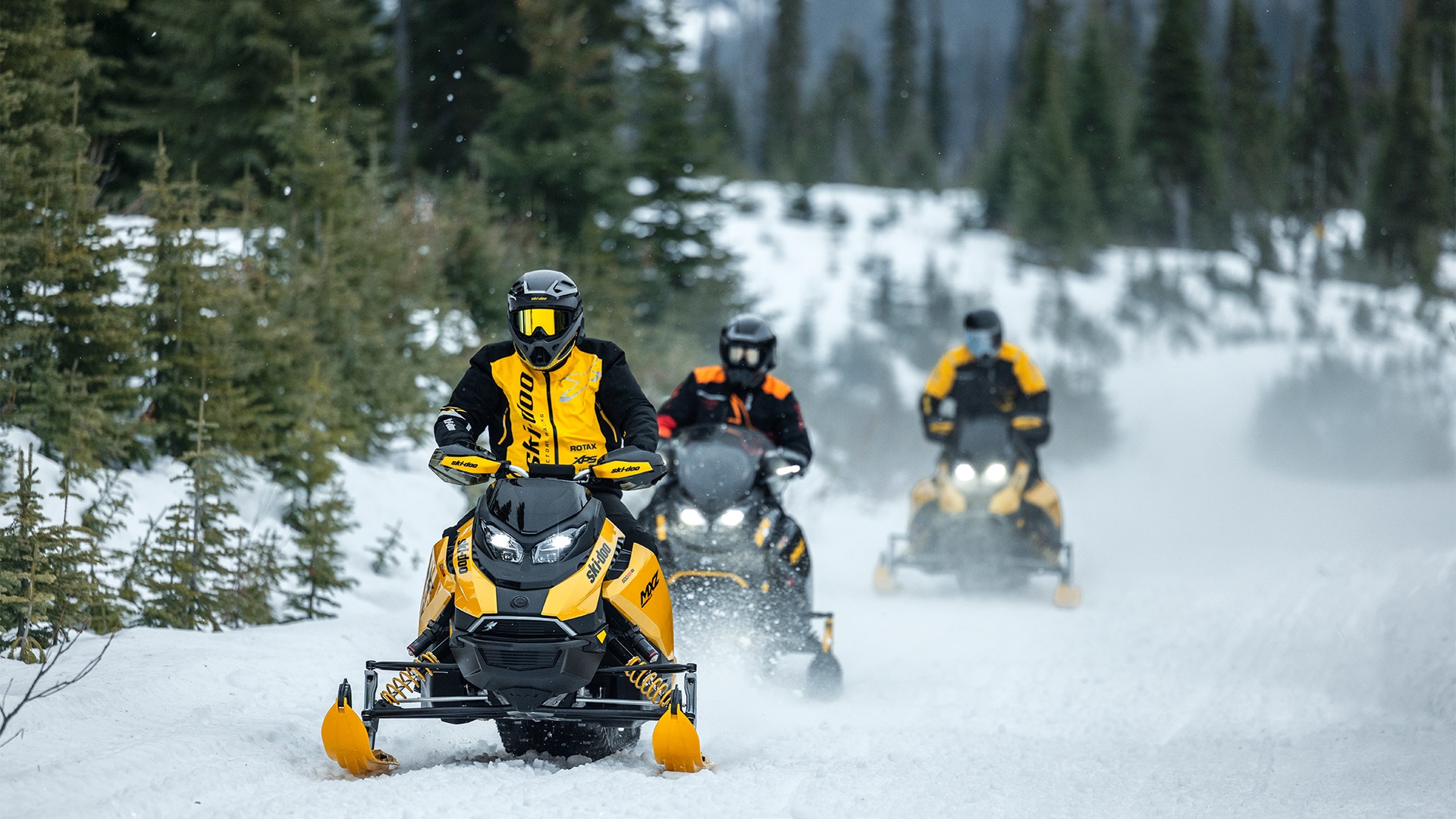 Three riders riding their Ski-Doo snowmobile on a snowy trail in the middle of a forest