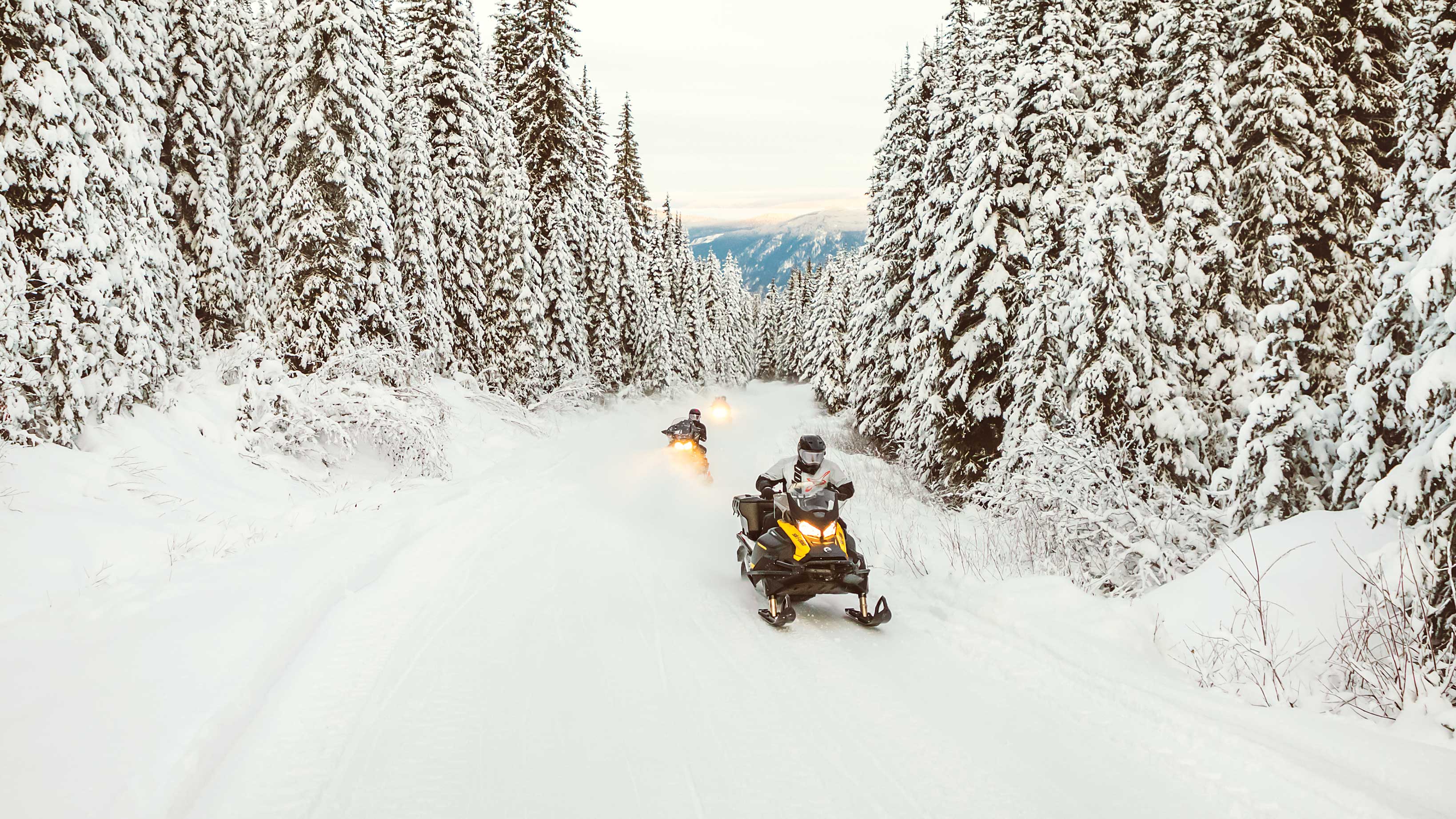 Two Ski-Doo Tundra riding fast on a snow trail